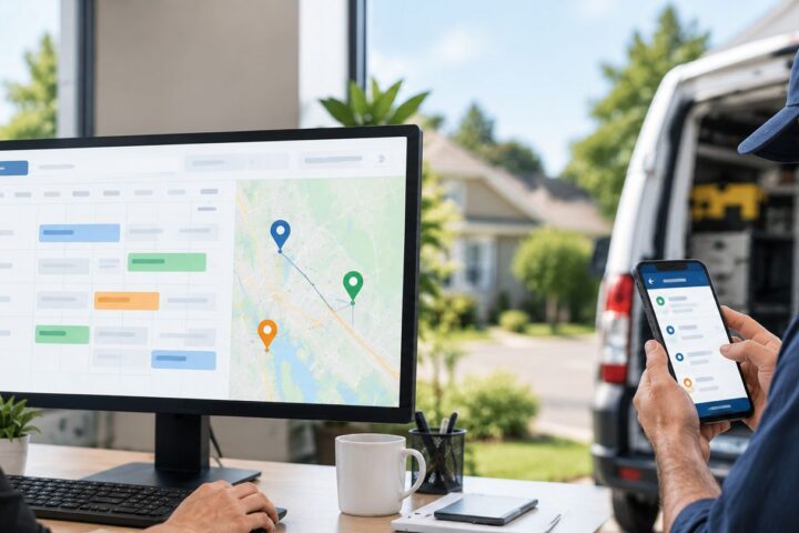 Dispatcher managing field service schedules while a technician checks job assignments on a mobile app