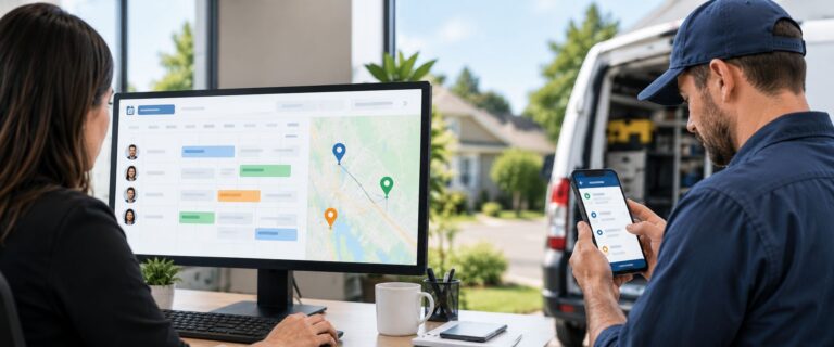 Dispatcher managing field service schedules while a technician checks job assignments on a mobile app