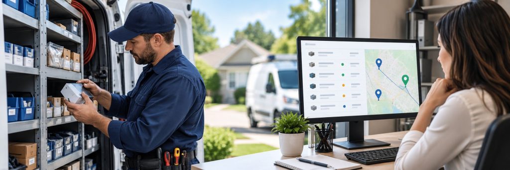 Field service technician managing parts inventory while office staff track inventory and technician locations