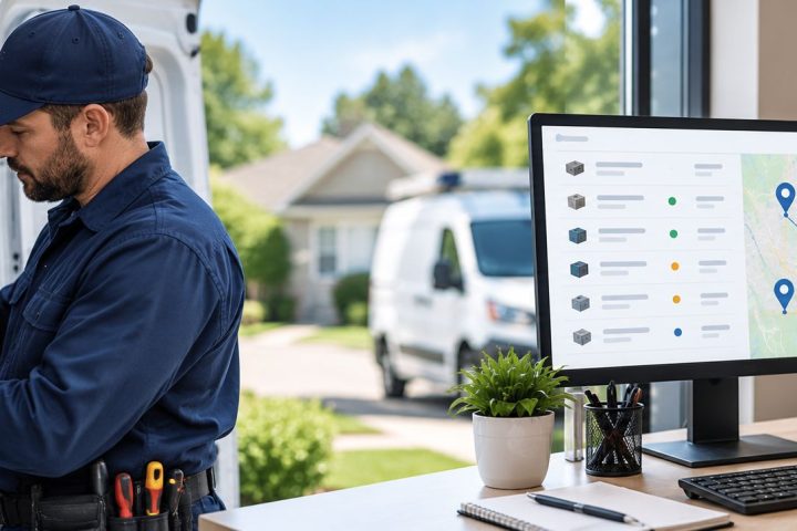 Field service technician managing parts inventory while office staff track inventory and technician locations