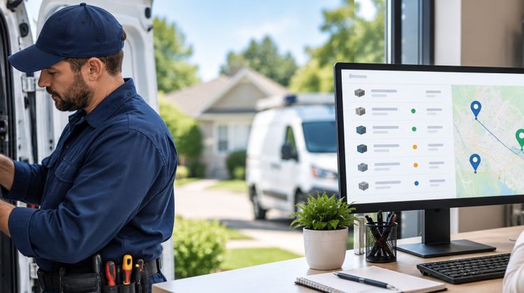 Field service technician managing parts inventory while office staff track inventory and technician locations