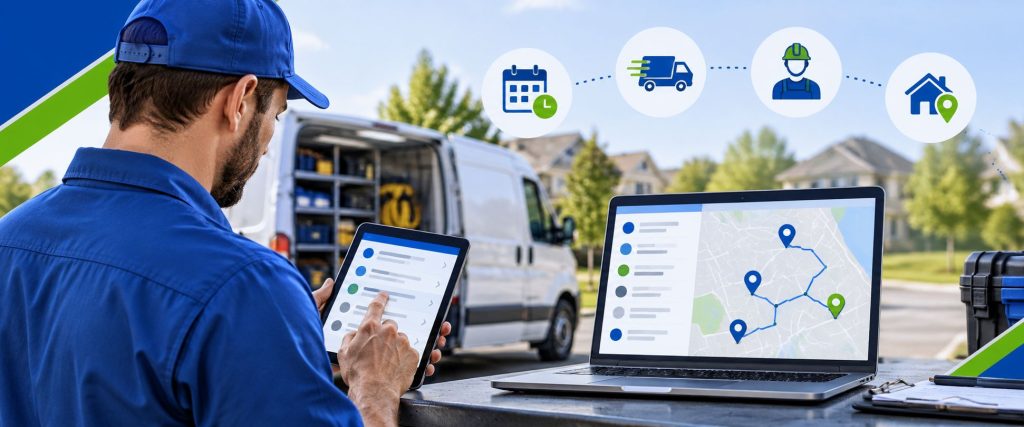 Field service technician using a mobile scheduling app with a service van and dispatch route management dashboard.