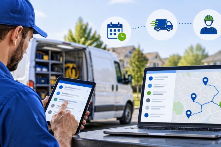 Field service technician using a mobile scheduling app with a service van and dispatch route management dashboard.