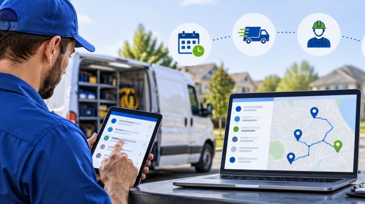 Field service technician using a mobile scheduling app with a service van and dispatch route management dashboard.